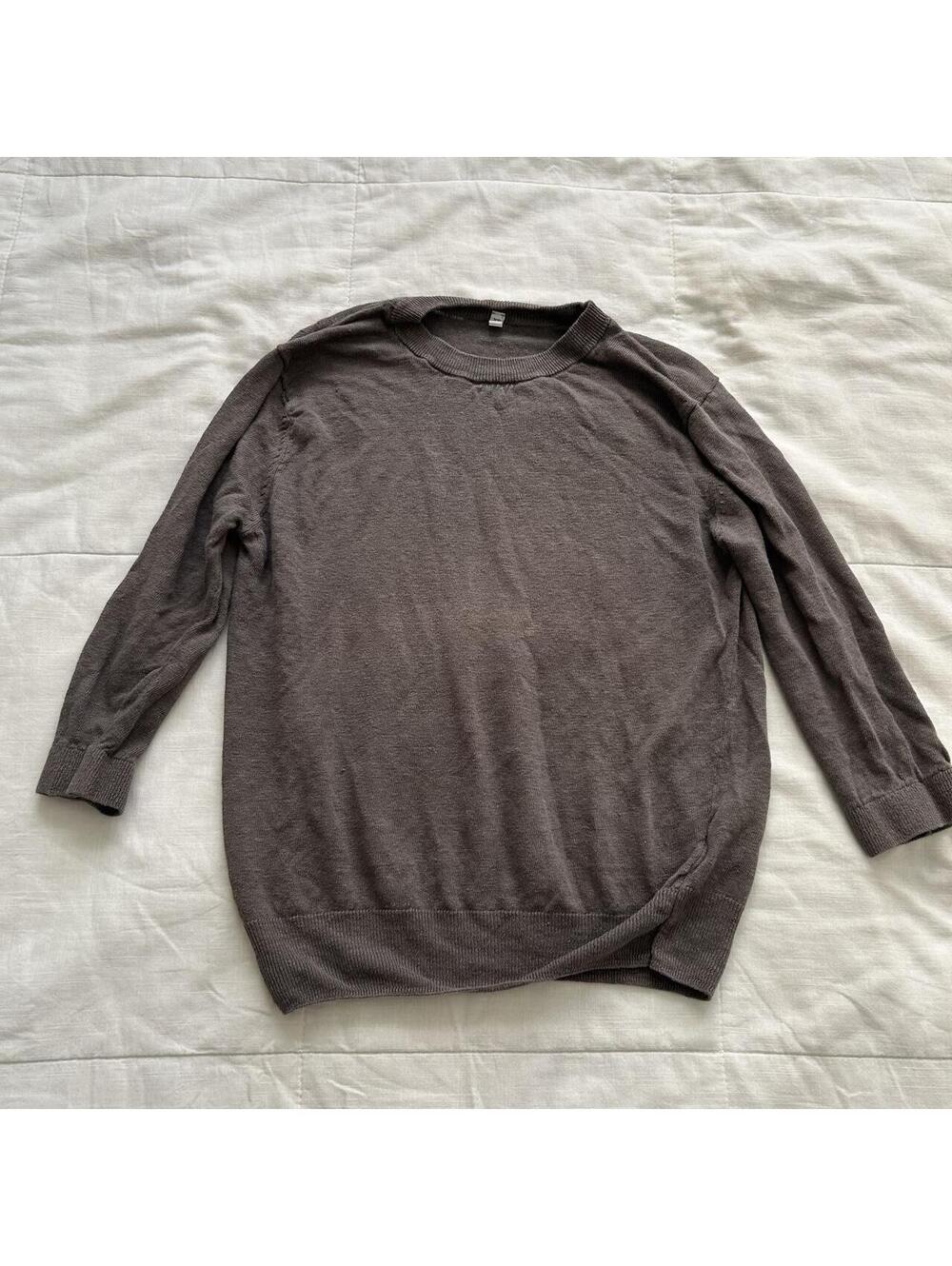 MUJI Brown 100% Linen Knit Crewneck Sweater 3/4 Sleeve XS